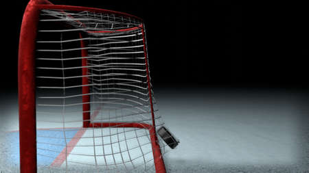 Hockey goal. The puck flies into the goal on the ice rink. 3D render.の写真素材
