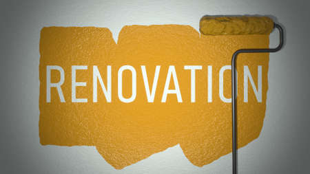 Renovation concept. Roller paints the wall with yellow paint. Inscription home renovation. 3d render.の写真素材