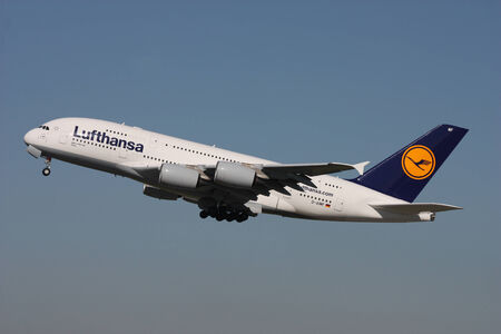 PRAGUE - OCTOBER 02: Lufthansa Airbus A380 airliner takes off from PRG Airport on October 02, 2011 in Prague, Czech Republic. The A380 is currently the largest passenger airliner.のeditorial素材