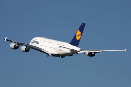 PRAGUE - OCTOBER 02: Lufthansa Airbus A380 airliner takes off from PRG Airport on October 02, 2011 in Prague, Czech Republic. The A380 is currently the largest passenger airliner.のeditorial素材