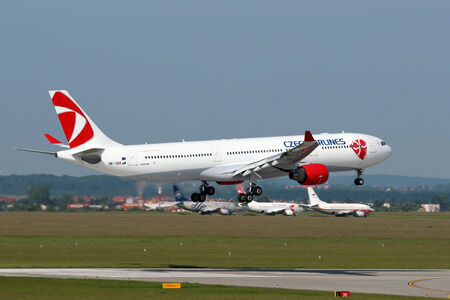 PRAGUE - JUNE 13: Czech Airlines Airbus 330-323X lands at PRG Airport on June 13, 2013. Airbus A330 operates flights to ICN, SVO, ALA and TLV. It is the only long-haul aircraft in the fleet CSA.のeditorial素材