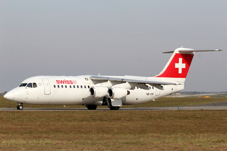 PRAGUE, CZECH REPUBLIC - OCTOBER 10: Swiss International Air Lines Avro 146-RJ100 taxi to takes off from PRG Airport on October 10,2013. Swiss is the flag carrier airline of Switzerland.のeditorial素材