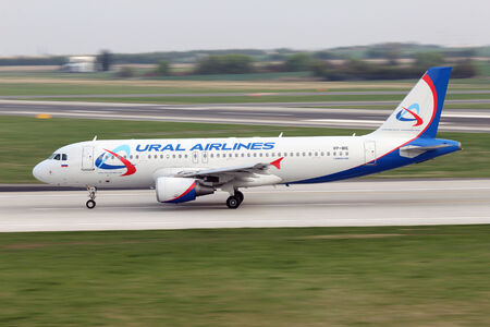 PRAGUE, CZECH REPUBLIC - APRIL 04: Ural Airlines Airlines Airbus A320-214 lands at PRG Airport on April 04, 2014. Ural Airlines operates scheduled and chartered domestic and international flights.のeditorial素材