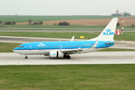 PRAGUE, CZECH REPUBLIC - APRIL 04: KLM - Royal Dutch Airlines Boeing 737-7K2 lands at PRG Airport on April 04, 2014. KLM is the flag carrier airline of the Netherlands.のeditorial素材