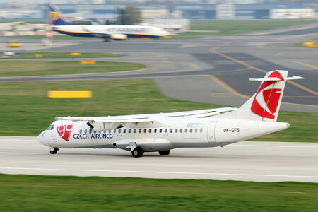PRAGUE, CZECH REPUBLIC - APRIL 04: CSA - Czech Airlines ATR-72-500 lands at PRG Airport on April 04, 2014. CSA is the national airline of the Czech Republic.のeditorial素材