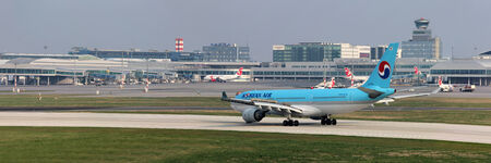 PRAGUE, CZECH REPUBLIC - MARCH 29: Korean Air Airbus A330-223 lands at PRG Airport on March 29, 2014. Prague Airport is the biggest airport in the Czech Republic.のeditorial素材