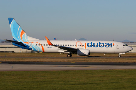 PRAGUE, CZECH REPUBLIC - JANUARY 13: Flydubai Boeing 737-8KN taxis to take off from PRG Airport on January 13, 2015. Flydubai is a low-cost airline.のeditorial素材
