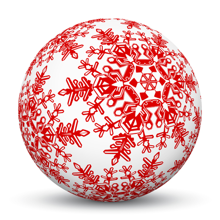 White 3D Sphere with Mapped Snowflake Texture on White Background and Smooth Shadow. Holiday Season - Christmas Greeting Card - Symbol, Decoration, Decor, Icon.の写真素材