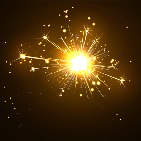 Glowing, Sparkling and Blistering Sparkler on Dark Brown Background. New Years Eve Design Template. Abstract Burning Bengal Light Vector Illustration.のイラスト素材