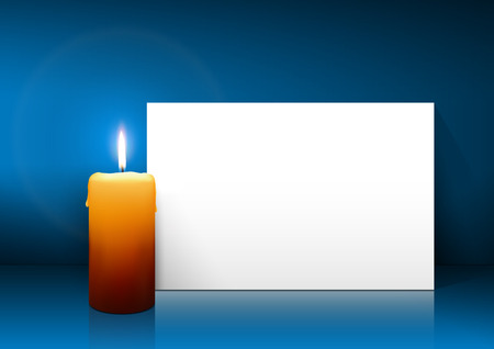 Single Candle with White Paper Panel on Blue Background - Advent, Christmas Greeting Card Template with Free Space for Wishes. First Candle for Christmas Season.のイラスト素材