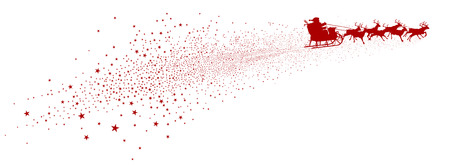 Landscape Red and White Star Trail with Flying Santa Claus and Reindeer Sled Panorama - Star Cluster Tail - White Background - Vector Illustrationのイラスト素材