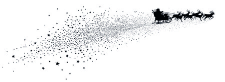 Landscape Red and White Star Trail with Flying Santa Claus and Reindeer Sled Panorama - Star Cluster Tail - White Background - Vector Illustrationのイラスト素材