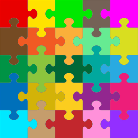 Different Colored 25 Puzzle Pieces Arranged in a Square - JigSaw - Vector Illustrationのイラスト素材