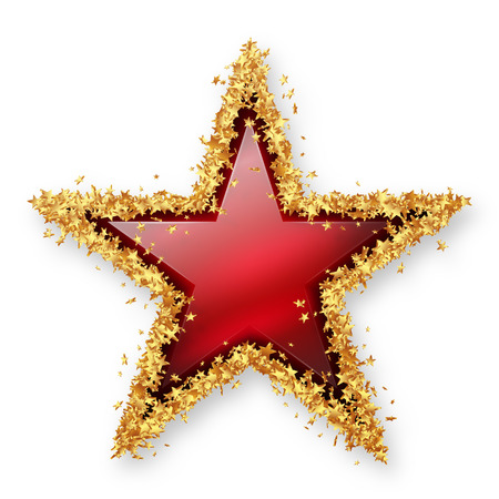 Red Ruby Coloured Gemstone Star with Spangled Golden Starlet Border. White Background with Smooth Shadow. Christmas Star, New Years Eve, Season. X-Mas Gem Jewel.の写真素材