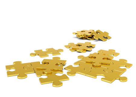Golden 3D Puzzle Pieces on White Background With Free Space for Your Own Text - JigSaw - Illustrationの写真素材