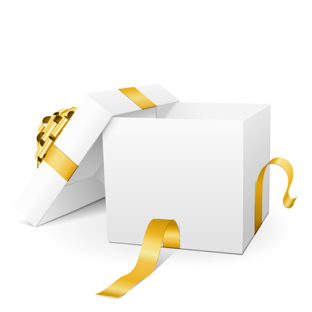 Empty White Vector Gift Box Icon with Golden Package Ribbon Isolated on White Background - For Christmas Season, Easter Season, Valentines Day and Birthday Greeting Cards - Present with Open Lidのイラスト素材
