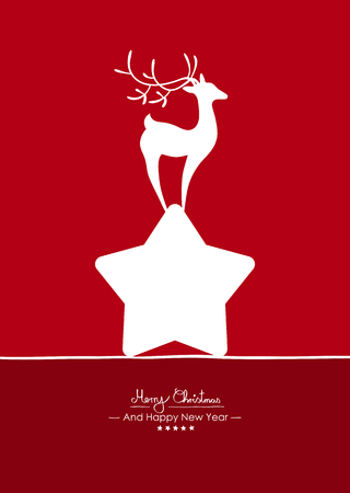 Merry Christmas - Simple Red Vector Greeting and Christmas Card Template with Shapes - Handwritten Greeting Text - Seasonal New Years Eve Background - XMas, X-Mas. Abstract Fawn on White Star - Deerのイラスト素材
