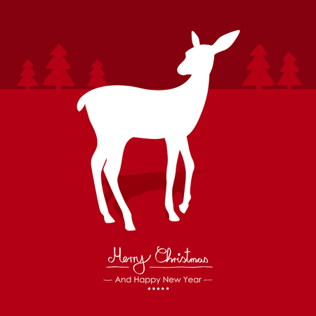 Merry Christmas - Simple Red Vector Greeting and Christmas Card Template with Shapes - Handwritten Greeting Text - Seasonal New Years Eve Background - XMas, X-Mas. Cute Fawn with Shadow Silhouetteのイラスト素材