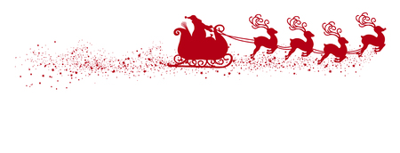 Abstract Flying Santa Claus with Reindeer Sled Vector Illustration - Red Shape - Silhouette with Snow and Starlet Tail. Panorama - Banner with White Background. Isolated X-Mas Symbol.のイラスト素材