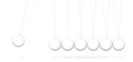 3D Pendulum  - Newton's Cradle - Seven White Pendulum in Raw with Shadow - Isolated on White Background. Panorama, Horizontal Banner.のイラスト素材