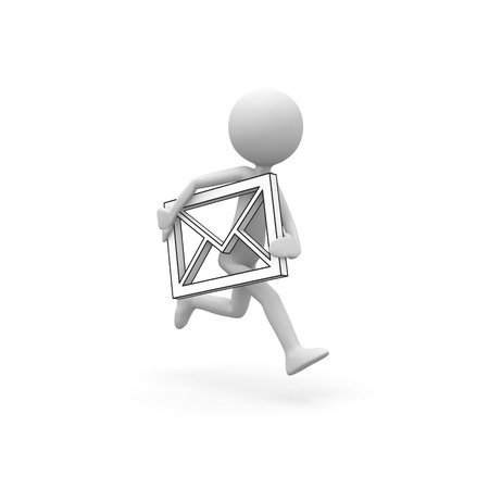 3D Cartoon Character - Little Guy Runs Quickly with E-Mail Symbol in His Hands. Black and White Rendering with Clear Background and Smooth Shadow.の写真素材