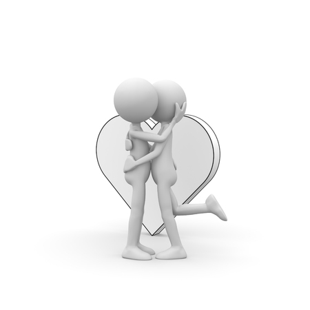 3D Cartoon Character - Little Guy with Girlfriend Hug Each Other. They are Newly in Love and Kiss. With Heart Sign. Black and White Rendering with Clear Background and Smooth Shadow.の写真素材