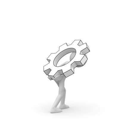 3D Cartoon Character - Little Guy as Worker Drags a Heavy Gear Wheel. Black and White Rendering with Clear Background and Smooth Shadow.の写真素材