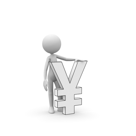 3D Cartoon Character - Little Guy with Yen Currency Symbol, Sign, Icon. Black and White Rendering with Clear Background and Smooth Shadow.の写真素材