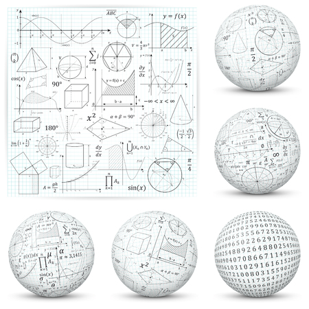 Mathematical and Scientific Math Formula Symbols and Icons  - Flat and Textured 3D Sphere Design.のイラスト素材