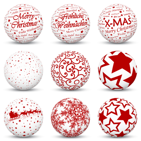 3D Sphere Collection with Mapped Red Holiday Season Textures - X-Mas Symbols and Icons - Also Merry Christmas in German and International Languageのイラスト素材