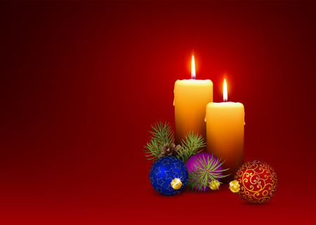 3D Vector Candlelights - Christmas Greeting Card Template with Two Candles, Pine Cone and Fir Branches on Red Background. Horizontally Oriented Illustration!のイラスト素材