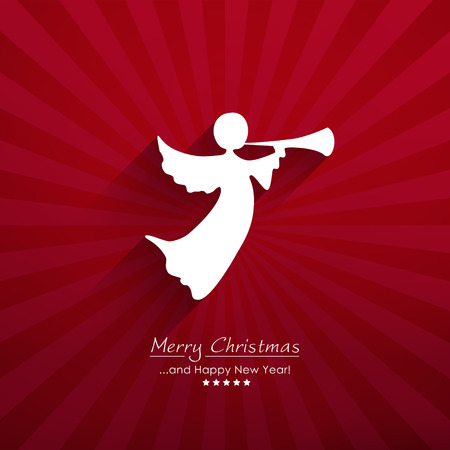 Vector XMAS Greeting Card - Angel with Trumped on Red Background with Beam Effect and Long Shadow. Lettering on Bottom: Merry Christmas and Happy New Year! Seasonal Christmas Card Illustration.のイラスト素材