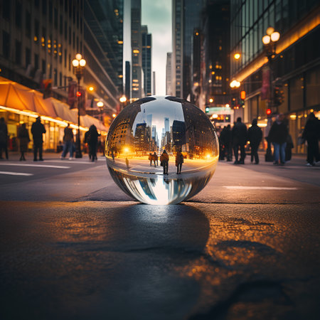 A lensball reflecting city lights, people and houses in a pedestrian street at nightの素材