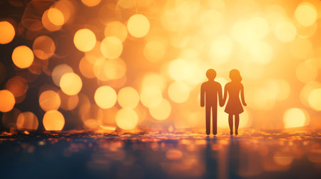 Silhouette of a man and a woman standing on a bokeh background,の素材