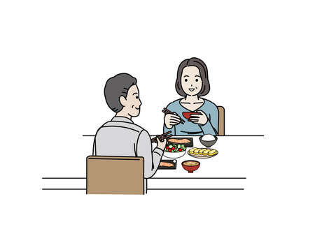 It is an illustration of a Middle aged couple have a meal.のイラスト素材