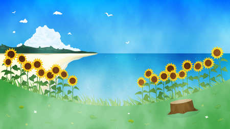It is an illustration of a Sunflower and sea landscape.のイラスト素材