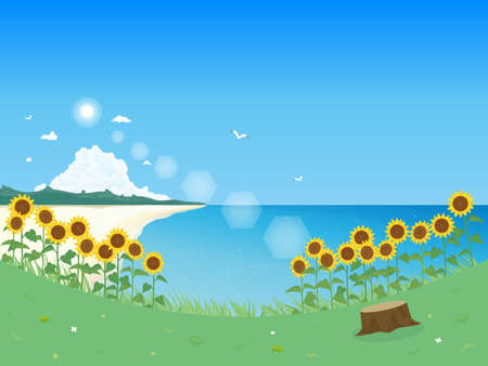 It is an illustration of a Sunflower and sea landscape.のイラスト素材