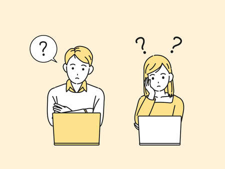 It is an illustration of a Young person is working on a pc. thinking.のイラスト素材