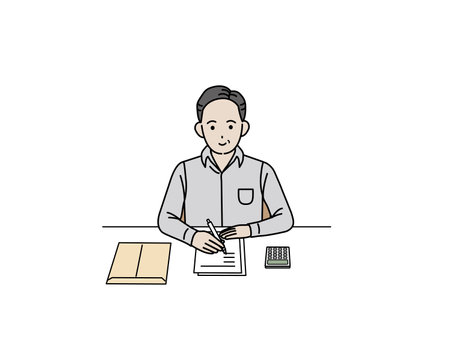 It is an illustration of a Middle aged man filling out the paperwork.のイラスト素材