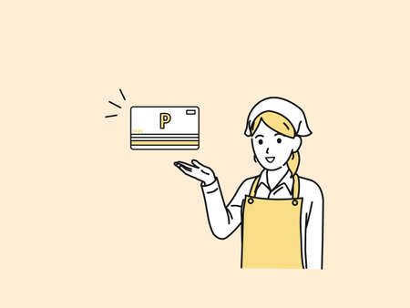 It is an illustration of a Supermarket clerk giving information on loyalty cards.のイラスト素材