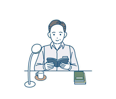 Illustration of a middle aged man reading a book.のイラスト素材