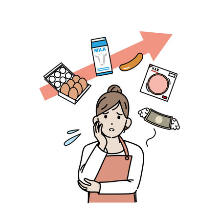 Clip art of Housewife woman troubled by price increases for various food products.のイラスト素材