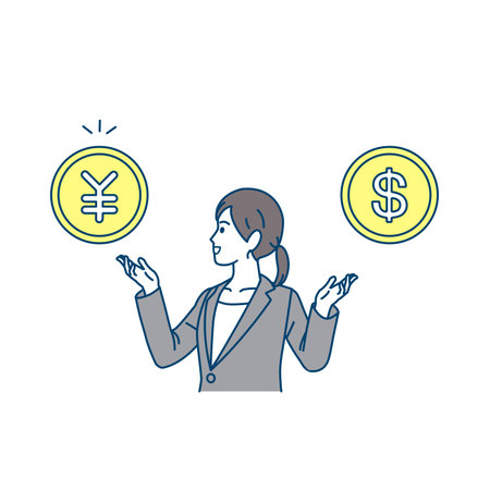 Clip art of Businesswoman choosing currency.のイラスト素材