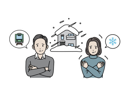 Clip art of Middle aged couple struggling with heavy snow.のイラスト素材