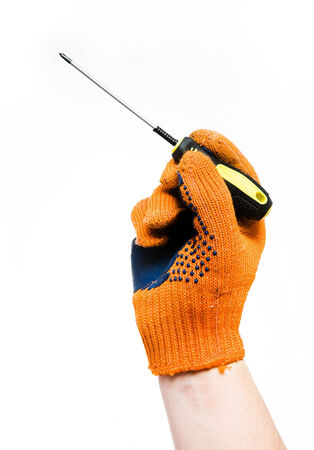 Screwdriver in hand on whiteの写真素材