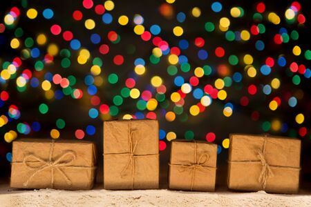 lights stars, Christmas tree, vintage decoration, gift boxes and copy space for text