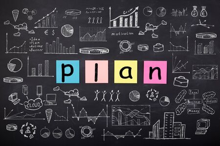 Business concept - word ' Plan ', sketch with schemes and graphs on chalkboardの写真素材