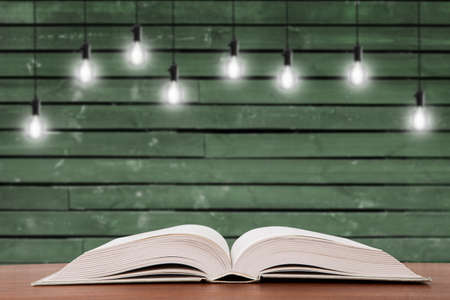Vintage open book on the desk and light bulbs on the backgroundの写真素材