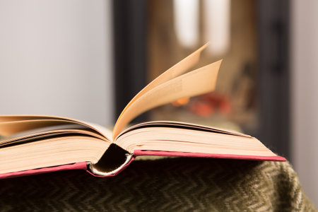 Open book close-up on a chair, fireplace on the background. Reading in a cozy place conceptの写真素材