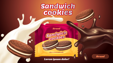 Sandwich cookies ads, milk chocolate flavor with tasty liquid twisted in the air and package in 3d illustrationのイラスト素材